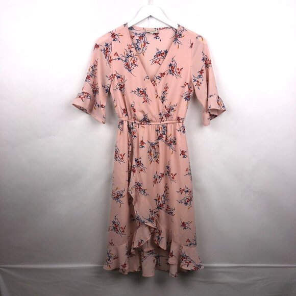 Studio B Pink Floral Faux Wrap Ruffled Dress Size Small - Picture 1 of 15